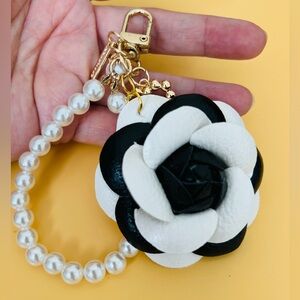 Black & White PU Leather Camellia Keychain with Pearl Wristlet
